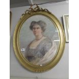 An oval gilt framed portrait of a lady entitled Bethia Clarke, image 70 x 53 cm.