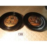 2 framed Victorian Pratt ware pot lids entitled 'A Fix' and 'A Pair'.