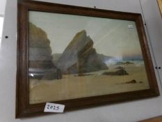 A framed and glazed watercolour 'Bishop Rock, Newquay' signed D E H Graham, image 41 x 29 cm.