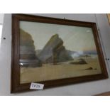 A framed and glazed watercolour 'Bishop Rock, Newquay' signed D E H Graham, image 41 x 29 cm.