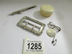 A mixed lot including silver brooch, pill box, white metal buckle etc.