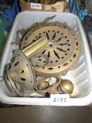 A tray of brass lamp parts etc.