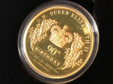 A Queen Elizabeth II 90th birthday 2016 2oz gold proof high relief coin.
