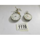 2 early 20th century silver fob watches with enamel dials.