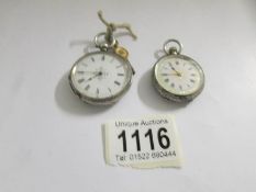 2 early 20th century silver fob watches with enamel dials.