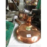 A Victorian copper warming pan, a Victorian copper saucepan with lid and a Victorian copper jug.