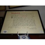 A framed and glazed good conduct award by Queen Elizabeth II for Ian John Canton.