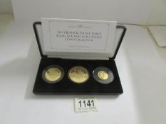 The Queen Elizabeth II and Prince Phillip 22ct gold proof coin collection, £5, £2 and £1.