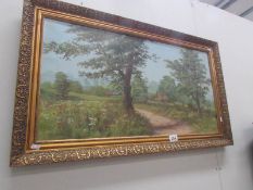 An oil on canvas pastoral scene of cottage in fields, singed Bill Makinson.