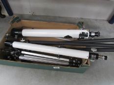 A Pathescope telescope, a Tasco telescope and 3 tripods.