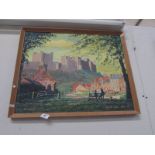 An oil on board painting of castle overlooking village 'Bamburgh', signed Donald Wall 1964.