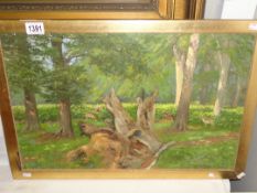 An oil on board painting of parkland scene featuring deer, entitled verso 'In Knole Park'.