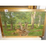 An oil on board painting of parkland scene featuring deer, entitled verso 'In Knole Park'.