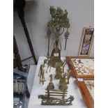 A brass companion set (a/f), a pair of brass hens, 2 brass deer,