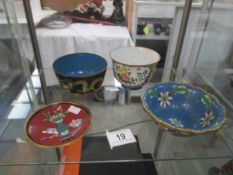 3 Cloissonne bowls and a Cloissonne plate.