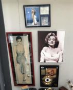 3 Marylin Monroe pictures including gold plated disc together with a framed and glazed picture of