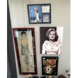 3 Marylin Monroe pictures including gold plated disc together with a framed and glazed picture of