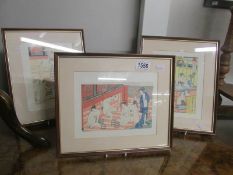 3 framed and glazed Japanese bathing pictures.