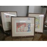 3 framed and glazed Japanese bathing pictures.