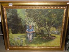 A 1970'80's oil on board painting of a gentleman seated in garden, signed.