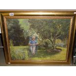 A 1970'80's oil on board painting of a gentleman seated in garden, signed.