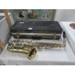 A cased saxaphone.