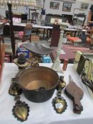 A mixed lot including horse brasses, candle holder, set of scales with weights, jam pan etc.