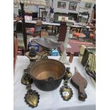 A mixed lot including horse brasses, candle holder, set of scales with weights, jam pan etc.
