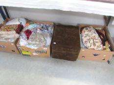 4 boxes of fabric, knitting items, rug making equipment etc.