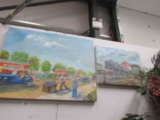 2 oils on canvas being a steam train and a vintage street scene.