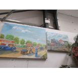 2 oils on canvas being a steam train and a vintage street scene.