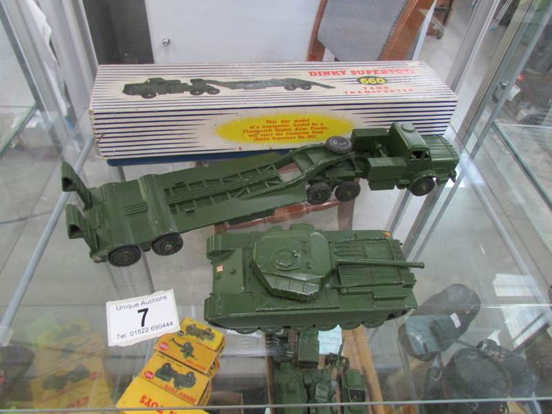 A boxed Dinky 660 tank transporter and a 651 Centurion tank.
