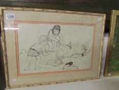 A 1990's pencil drawing of children playing on beach, signed Slade.