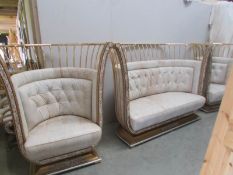 A fabulous ormolu and brass 3 piece salon suite with brass spindle backs and leather upholstery