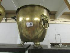 A brass jardiniere with lion head handles and lion paw feet.