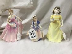 3 Royal Doulton figurines, Dinky Doo HN1678, Flowers for You HN3889 and Invitation HN2170.