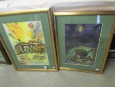 2 WW1 framed and glazed watercolours by R Compton (one dated Belgium 1915).