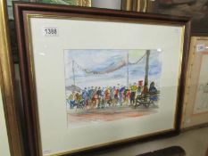 A signed impressionist watercolour painting entitled 'Crabbing off Cromer Pier' by Norwich artist