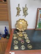 A quantity of horse brasses, brass tray etc.