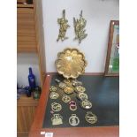 A quantity of horse brasses, brass tray etc.