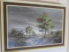 An oil painted by Jaques Moody (B.1924) of pastoral scene featuring trees and farm building,.