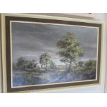 An oil painted by Jaques Moody (B.1924) of pastoral scene featuring trees and farm building,.