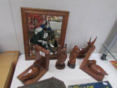 A Pear's soap mirror, a pair of wood bookends, a deer and 2 carved wood oriental figures.