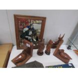 A Pear's soap mirror, a pair of wood bookends, a deer and 2 carved wood oriental figures.