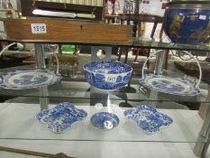 6 items of blue and white including Spode bowl, 2 Wood's cake plates etc.
