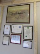 A Coulson print of a Lancaster and 6 various award certificates.