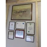 A Coulson print of a Lancaster and 6 various award certificates.