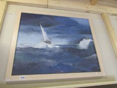 An oil painting by Hastings artist Jon 'Huldrick' Wilhelm of sailing ship in storm signed Huldrick.