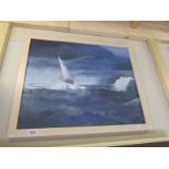 An oil painting by Hastings artist Jon 'Huldrick' Wilhelm of sailing ship in storm signed Huldrick.