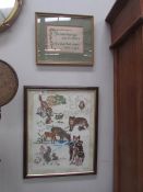 A framed and glazed tapestry of woodland wildlife and a framed sampler.